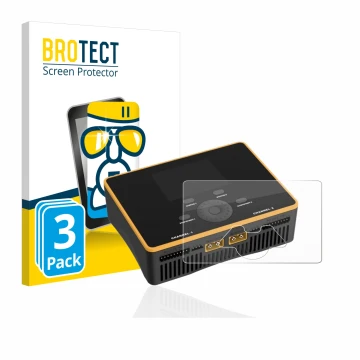 Vorderseite einer Produktverpackung mit dem Markenlogo BROTECT. Daneben ist das Gerät Junsi iCharger DX8 Duo mit dem zugehörig