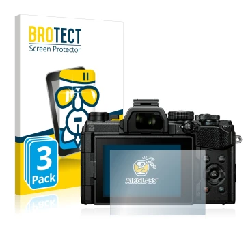 Vorderseite einer Produktverpackung mit dem Markenlogo BROTECT. Daneben ist das Gerät Olympus OM System OM-5 mit dem zugehörig