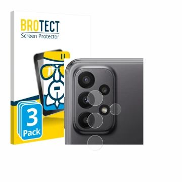 Vorderseite einer Produktverpackung mit dem Markenlogo BROTECT. Daneben ist das Gerät Samsung Galaxy A23 5G (NUR Kameraschutz)