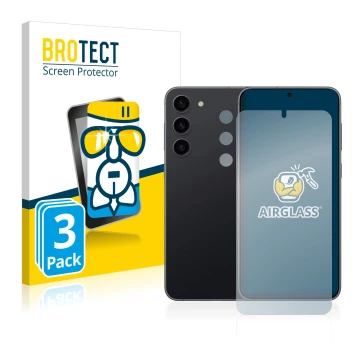 Vorderseite einer Produktverpackung mit dem Markenlogo BROTECT. Daneben ist das Gerät Samsung Galaxy S23 Plus (Display+Kamera)