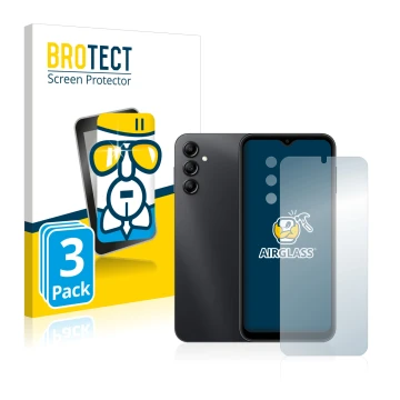 Vorderseite einer Produktverpackung mit dem Markenlogo BROTECT. Daneben ist das Gerät Samsung Galaxy A14 5G (Display+Kamera) m