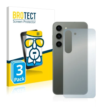 Vorderseite einer Produktverpackung mit dem Markenlogo BROTECT. Daneben ist das Gerät Samsung Galaxy S23 Plus (Rückseite) mit 
