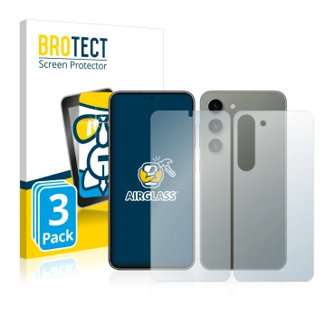 Vorderseite einer Produktverpackung mit dem Markenlogo BROTECT. Daneben ist das Gerät Samsung Galaxy S23 Plus (Display+Rücksei
