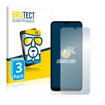 Vorderseite einer Produktverpackung mit dem Markenlogo BROTECT. Daneben ist das Gerät Motorola Moto E13 mit dem zugehörigen Di