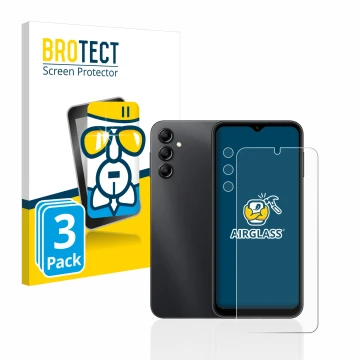Vorderseite einer Produktverpackung mit dem Markenlogo BROTECT. Daneben ist das Gerät Samsung Galaxy A14 4G (Display+Kamera) m