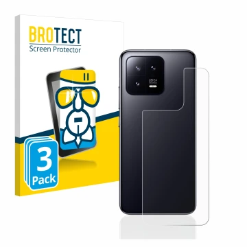 Vorderseite einer Produktverpackung mit dem Markenlogo BROTECT. Daneben ist das Gerät Xiaomi 13 (Rückseite) mit dem zugehörige