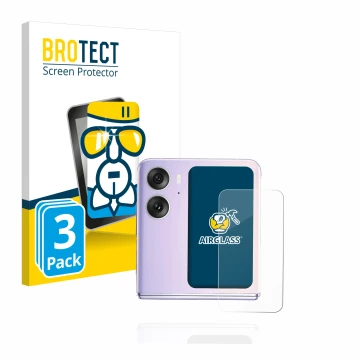 Vorderseite einer Produktverpackung mit dem Markenlogo BROTECT. Daneben ist das Gerät Oppo Find N2 Flip (Hinteres Display) mit