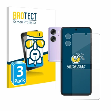 Vorderseite einer Produktverpackung mit dem Markenlogo BROTECT. Daneben ist das Gerät Oppo Find N2 Flip (Display+Kamera) mit d