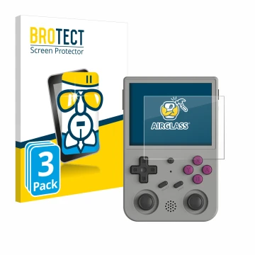 Vorderseite einer Produktverpackung mit dem Markenlogo BROTECT. Daneben ist das Gerät Anbernic RG353V mit dem zugehörigen Disp