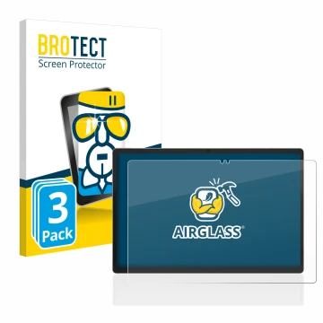 Vorderseite einer Produktverpackung mit dem Markenlogo BROTECT. Daneben ist das Gerät Jumper EZpad M11 mit dem zugehörigen Dis