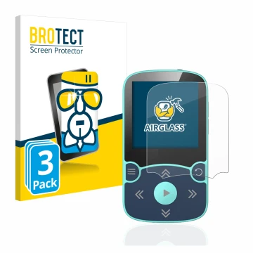 Vorderseite einer Produktverpackung mit dem Markenlogo BROTECT. Daneben ist das Gerät AGPtek A65X MP3 Player with clip mit dem