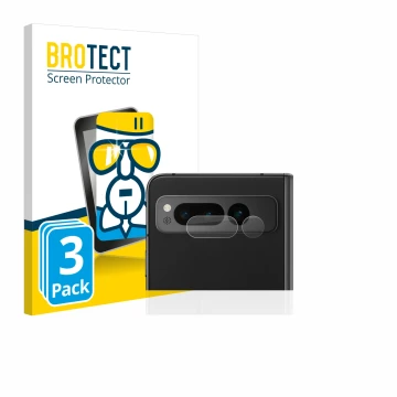 Vorderseite einer Produktverpackung mit dem Markenlogo BROTECT. Daneben ist das Gerät Google Pixel Fold (NUR Kameraschutz) mit