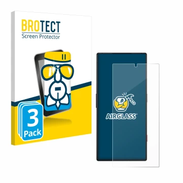 Vorderseite einer Produktverpackung mit dem Markenlogo BROTECT. Daneben ist das Gerät ZTE Nubia Red Magic 8S Pro mit dem zugeh