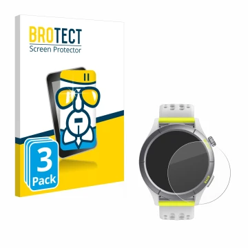 Vorderseite einer Produktverpackung mit dem Markenlogo BROTECT. Daneben ist das Gerät Huami Amazfit Cheetah mit dem zugehörige