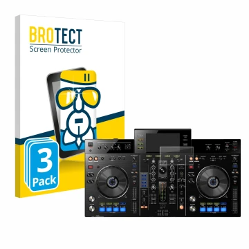 Vorderseite einer Produktverpackung mit dem Markenlogo BROTECT. Daneben ist das Gerät Pioneer XDJ-RX mit dem zugehörigen Displ