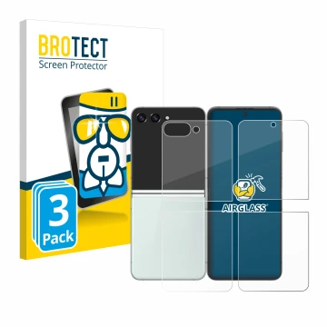 Vorderseite einer Produktverpackung mit dem Markenlogo BROTECT. Daneben ist das Gerät Samsung Galaxy Z Flip 5 (Display+Rücksei