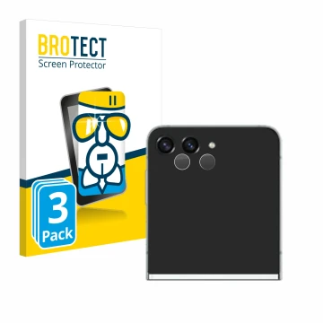 Vorderseite einer Produktverpackung mit dem Markenlogo BROTECT. Daneben ist das Gerät Samsung Galaxy Z Flip 5 (NUR Kameraschut
