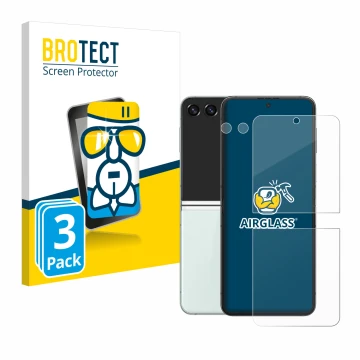 Vorderseite einer Produktverpackung mit dem Markenlogo BROTECT. Daneben ist das Gerät Samsung Galaxy Z Flip 5 (Display+Kamera)