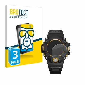 Vorderseite einer Produktverpackung mit dem Markenlogo BROTECT. Daneben ist das Gerät Casio G-Shock GW-9400Y-1 mit dem zugehör