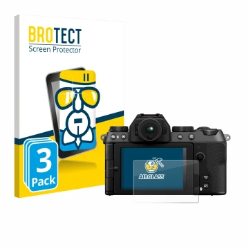 Vorderseite einer Produktverpackung mit dem Markenlogo BROTECT. Daneben ist das Gerät Fujifilm X-S20 mit dem zugehörigen Displ