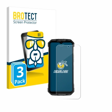 Vorderseite einer Produktverpackung mit dem Markenlogo BROTECT. Daneben ist das Gerät Doogee S110 mit dem zugehörigen Displays