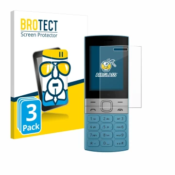 Vorderseite einer Produktverpackung mit dem Markenlogo BROTECT. Daneben ist das Gerät Nokia 150 (2023) mit dem zugehörigen Dis