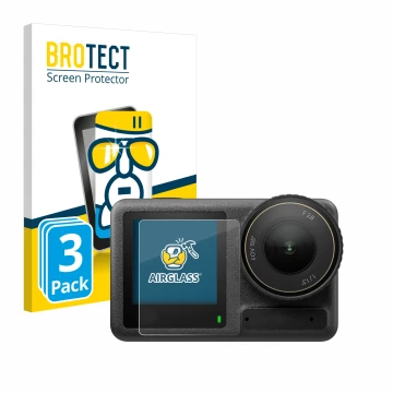 Vorderseite einer Produktverpackung mit dem Markenlogo BROTECT. Daneben ist das Gerät DJI Osmo Action 4 (Vorderes Display) mit