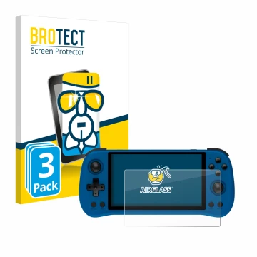 Vorderseite einer Produktverpackung mit dem Markenlogo BROTECT. Daneben ist das Gerät Powkiddy X55 mit dem zugehörigen Display