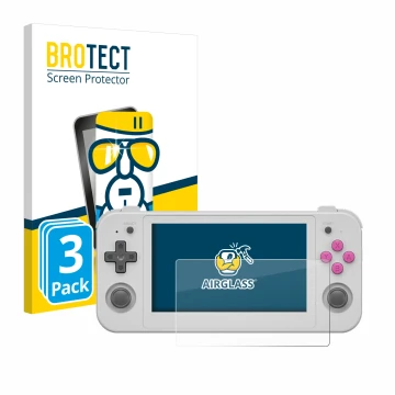 Vorderseite einer Produktverpackung mit dem Markenlogo BROTECT. Daneben ist das Gerät Anbernic RG505 mit dem zugehörigen Displ