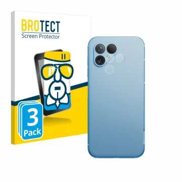 Vorderseite einer Produktverpackung mit dem Markenlogo BROTECT. Daneben ist das Gerät Fairphone 5 (NUR Kameraschutz) mit dem z