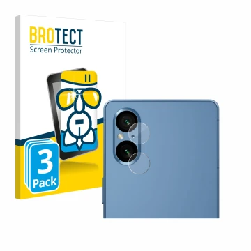 Vorderseite einer Produktverpackung mit dem Markenlogo BROTECT. Daneben ist das Gerät Sony Xperia 5 V (NUR Kameraschutz) mit d