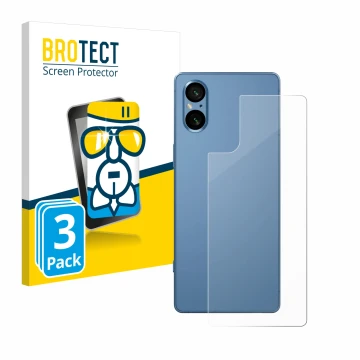 Vorderseite einer Produktverpackung mit dem Markenlogo BROTECT. Daneben ist das Gerät Sony Xperia 5 V (Rückseite) mit dem zuge