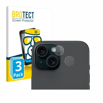 Vorderseite einer Produktverpackung mit dem Markenlogo BROTECT. Daneben ist das Gerät Apple iPhone 15 (NUR Kameraschutz) mit d