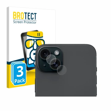 Vorderseite einer Produktverpackung mit dem Markenlogo BROTECT. Daneben ist das Gerät Apple iPhone 15 Plus (NUR Kameraschutz) 