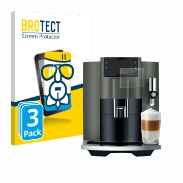 Vorderseite einer Produktverpackung mit dem Markenlogo BROTECT. Daneben ist das Gerät Jura E8 (EC) mit dem zugehörigen Display