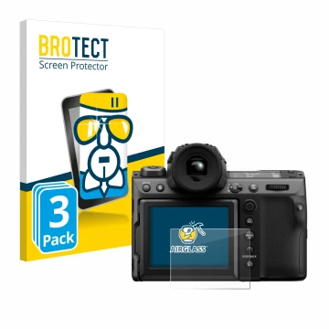 Vorderseite einer Produktverpackung mit dem Markenlogo BROTECT. Daneben ist das Gerät Fujifilm GFX100 II mit dem zugehörigen D