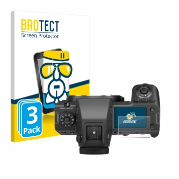 Vorderseite einer Produktverpackung mit dem Markenlogo BROTECT. Daneben ist das Gerät Fujifilm GFX100 II (Schulterdisplay) mit