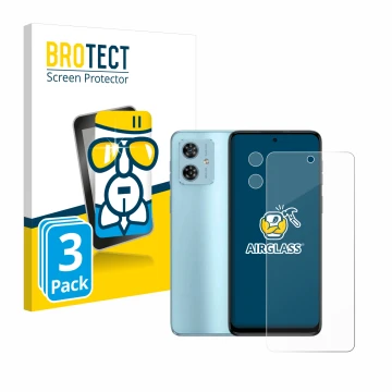Vorderseite einer Produktverpackung mit dem Markenlogo BROTECT. Daneben ist das Gerät Motorola Moto G54 (Display+Kamera) mit d