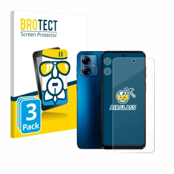 Vorderseite einer Produktverpackung mit dem Markenlogo BROTECT. Daneben ist das Gerät Motorola Moto G14 (Display+Kamera) mit d