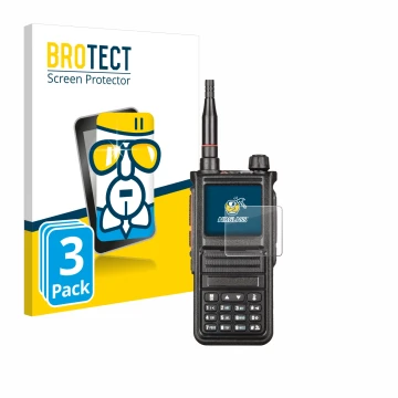 Vorderseite einer Produktverpackung mit dem Markenlogo BROTECT. Daneben ist das Gerät Radtel RT-470X mit dem zugehörigen Displ