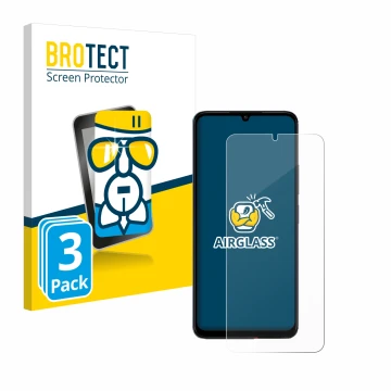Vorderseite einer Produktverpackung mit dem Markenlogo BROTECT. Daneben ist das Gerät Xiaomi Poco C65 mit dem zugehörigen Disp