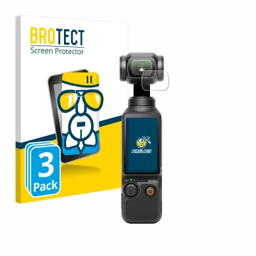 Vorderseite einer Produktverpackung mit dem Markenlogo BROTECT. Daneben ist das Gerät DJI Osmo Pocket 3 (Linse) mit dem zugehö