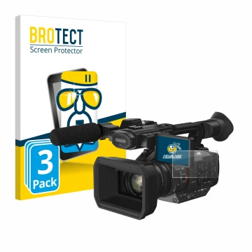 Vorderseite einer Produktverpackung mit dem Markenlogo BROTECT. Daneben ist das Gerät Panasonic HC-X2 mit dem zugehörigen Disp