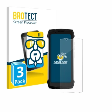 Vorderseite einer Produktverpackung mit dem Markenlogo BROTECT. Daneben ist das Gerät Doogee S Mini mit dem zugehörigen Displa