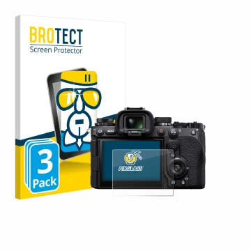 Vorderseite einer Produktverpackung mit dem Markenlogo BROTECT. Daneben ist das Gerät Sony Alpha 9 III mit dem zugehörigen Dis