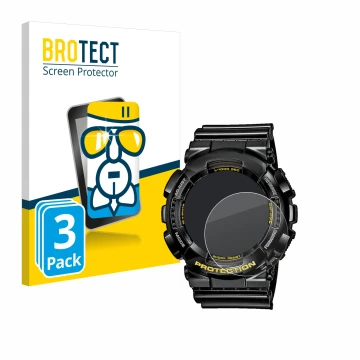 Vorderseite einer Produktverpackung mit dem Markenlogo BROTECT. Daneben ist das Gerät Casio G-Shock GA-110GB-1A mit dem zugehö