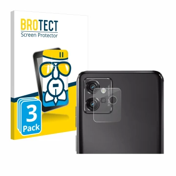 Vorderseite einer Produktverpackung mit dem Markenlogo BROTECT. Daneben ist das Gerät Motorola Moto G32 (NUR Kameraschutz) mit