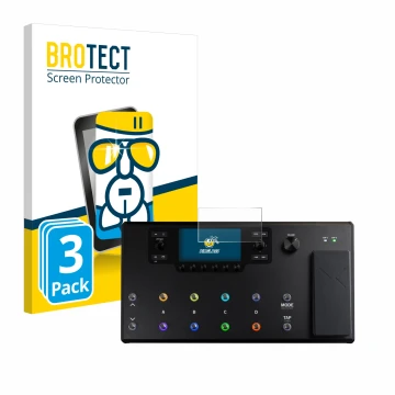 Vorderseite einer Produktverpackung mit dem Markenlogo BROTECT. Daneben ist das Gerät Line 6 Helix LT mit dem zugehörigen Disp