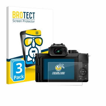 Vorderseite einer Produktverpackung mit dem Markenlogo BROTECT. Daneben ist das Gerät Panasonic Lumix DC-G100D mit dem zugehör
