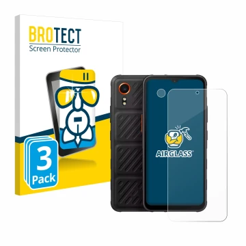 Vorderseite einer Produktverpackung mit dem Markenlogo BROTECT. Daneben ist das Gerät Samsung Galaxy XCover 7 (Display+Kamera)